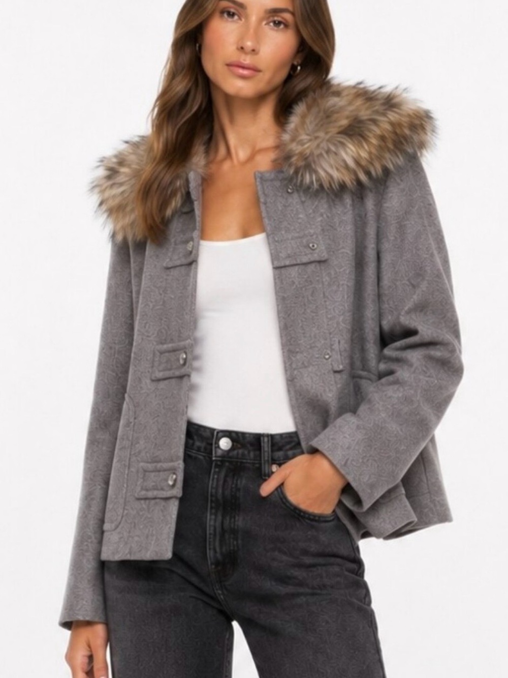 ZARA Gray Pea Coat with Faux Fur Trim M